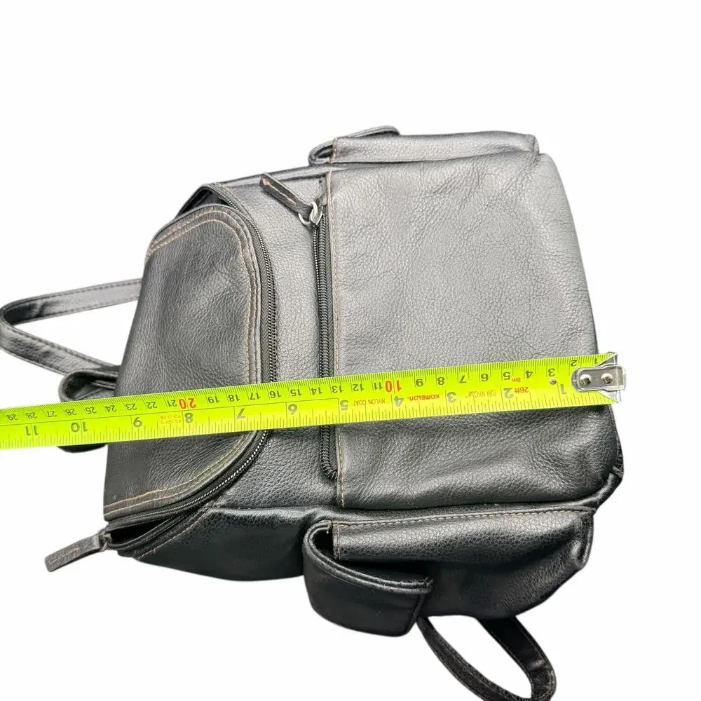Vintage Black Leather Mini Backpack Small Daypack Zip Pockets